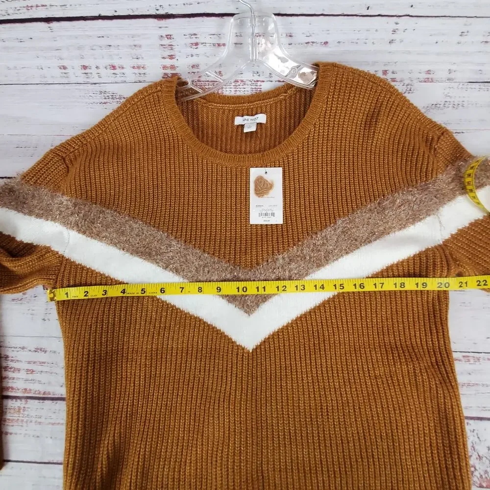 Nine West Women's Brown White Cable Knit Sweater Size L Chevron Colorblock NWT